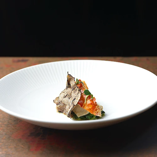 A gourmet dish featuring various ingredients on a white plate, artfully arranged with a dark background for contrast.