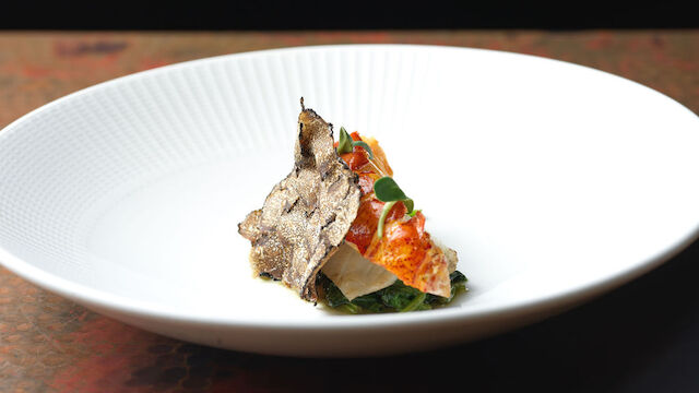 A gourmet dish featuring various ingredients on a white plate, artfully arranged with a dark background for contrast.