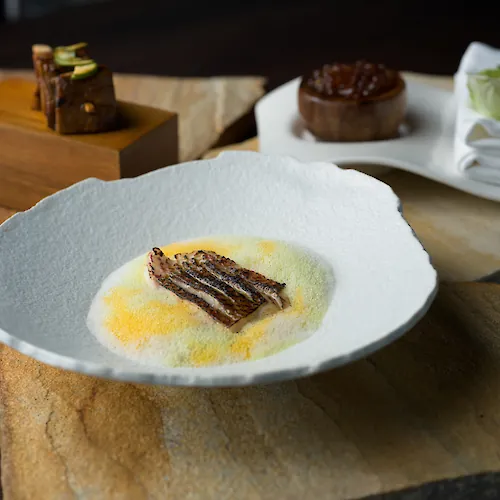 Fine dining course with grilled ingredients and a light sauce, surrounded by several small plated dishes on a wooden table.