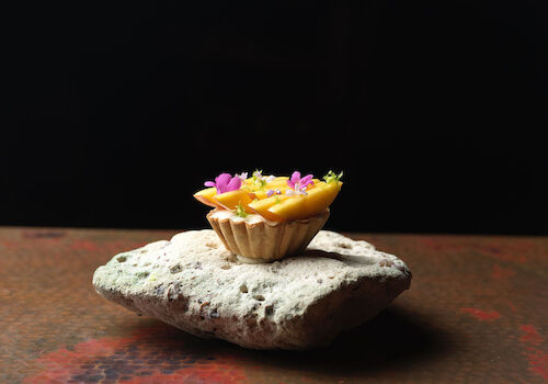 A small dessert tart with colorful toppings sits elegantly on a textured rock against a dark background.
