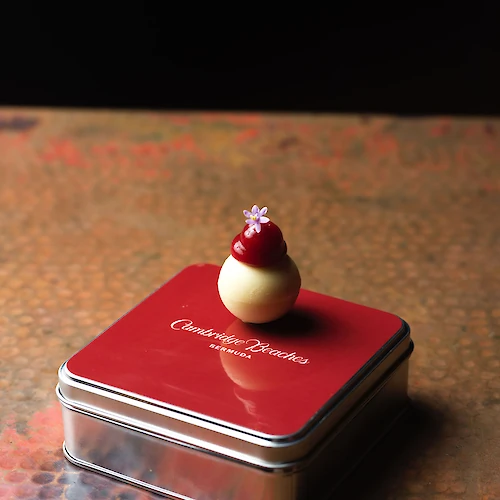 A small dessert topped with a flower sits on a red-lidded tin box labeled "Chocolatier Palet D'or" on a textured surface.