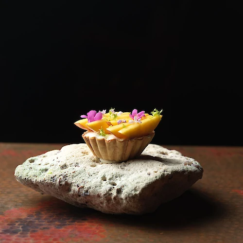 A small dessert tart with colorful toppings sits elegantly on a textured rock against a dark background.
