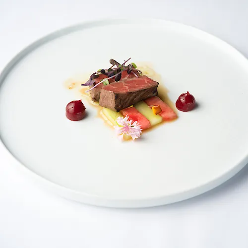 A plated gourmet entrée: seared slices of beef with watermelon, baby greens, microgreens, and berry-like garnish on sauce.