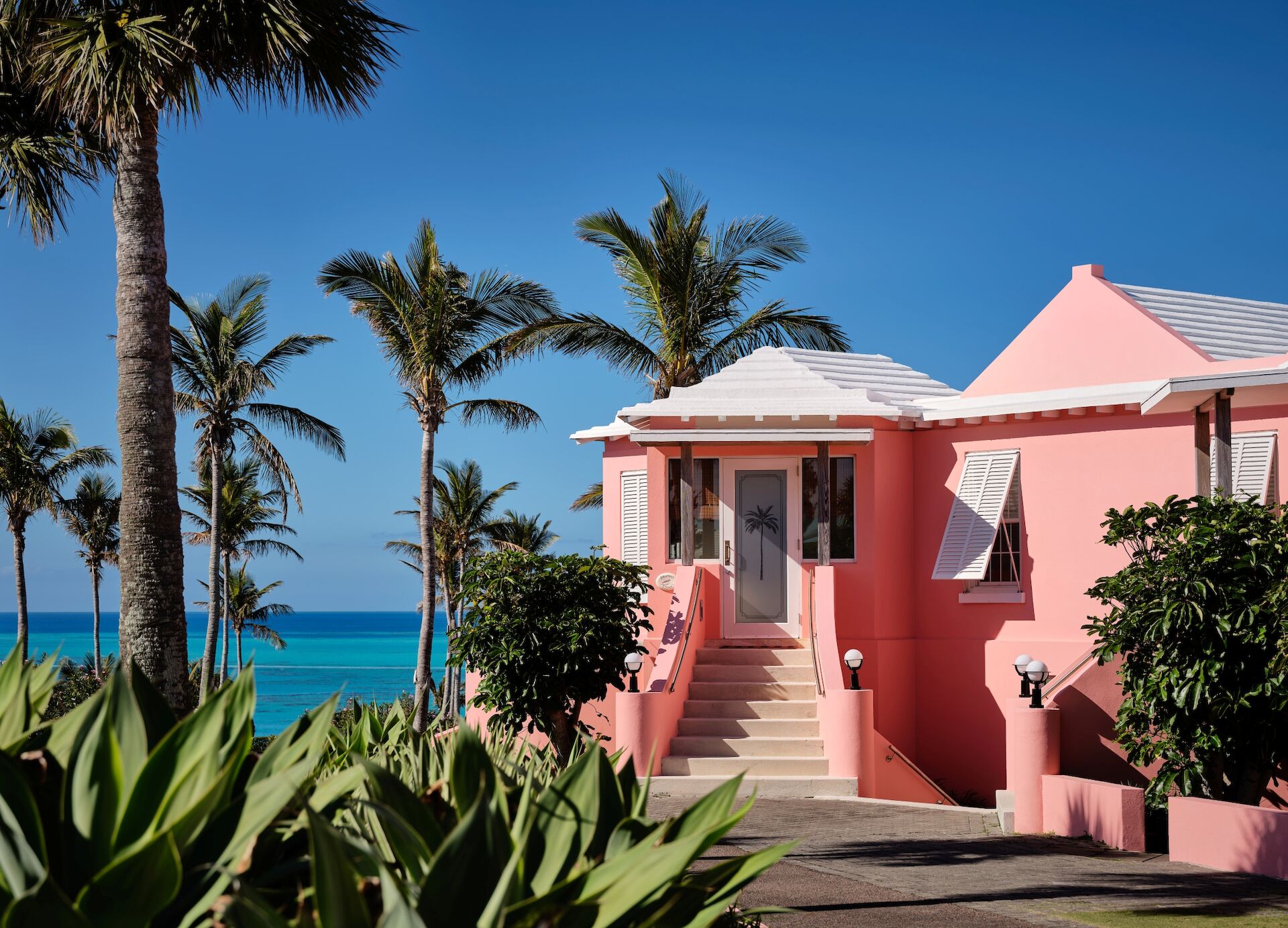A bright pink seaside villa with white shutters and steps, surrounded by tall palm trees under a clear blue sky.