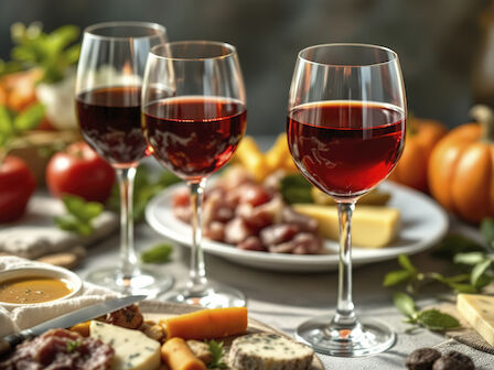 Three wine glasses on a table with cheese, fruit, and autumn decor; a festive spread in the background.