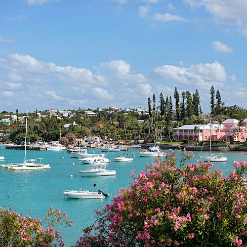 The image shows a picturesque coastal scene with boats anchored in turquoise water, a pink building, lush greenery, and blooming pink flowers.