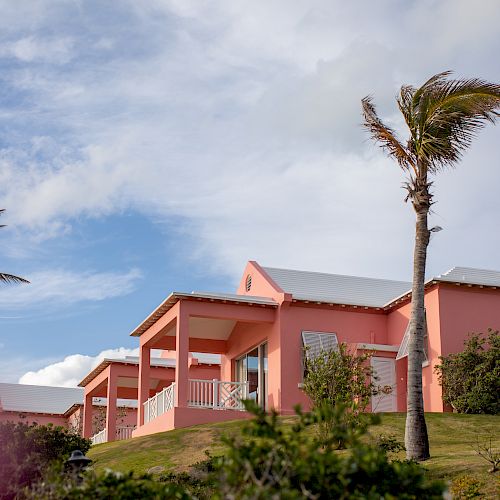 The image shows several pink houses on a grassy hill with a couple of palm trees and a cloudy blue sky in the background.