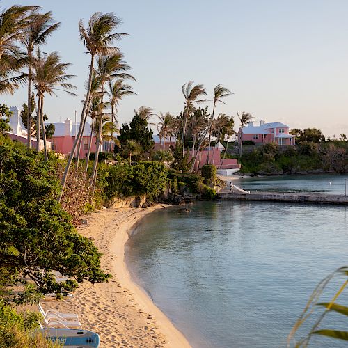 This image features a tranquil beach scene with palm trees, clear water, and pastel-colored houses along the shoreline, with a boat docked nearby.