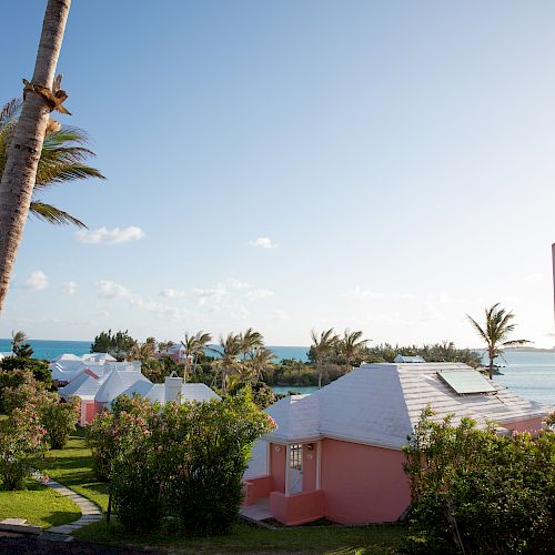 The image shows a coastal scene with pink buildings, white roofs, green lawns, and palm trees under a clear blue sky near the ocean ending the sentence.
