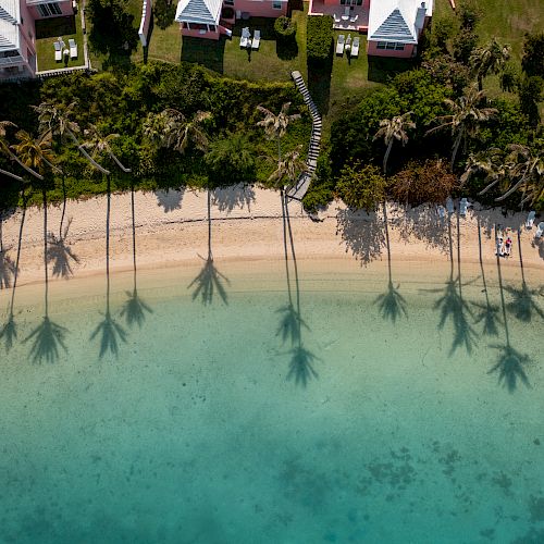 Aerial view of a beach with clear turquoise water, palm trees casting long shadows on the sand, and colorful houses nestled behind lush greenery.