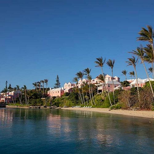 A serene beachfront with pink buildings, tall palm trees, and crystal-clear water under a bright blue sky.